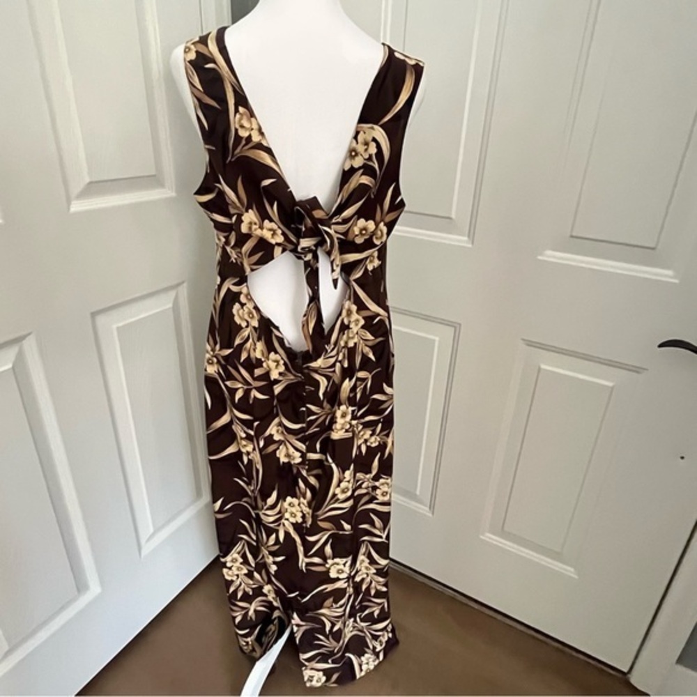 Vintage 90s Sunshine Starshine Brown Tropical Maxi Dress Slit Size 14 Halmode